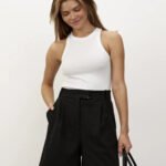 Lirona Pamuk Fitilli Kaşkorse Halter Yaka Geniş Biyeli Örme Atlet Crop - Beyaz