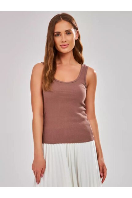 Lirona Kadın Pamuklu Kaşkorse Fitilli Kalın Askılı Örme Atlet Bluz - Kahverengi