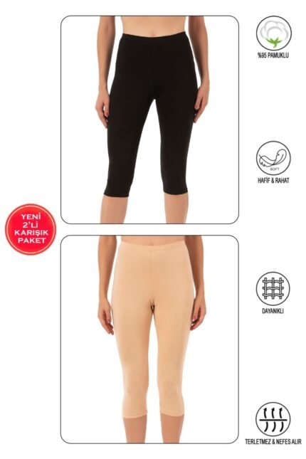Lirona Pamuk Diz Altı Pantolon Ve Etek İçi Astar Şort Tayt - 2'li Paket Siyah Ten
