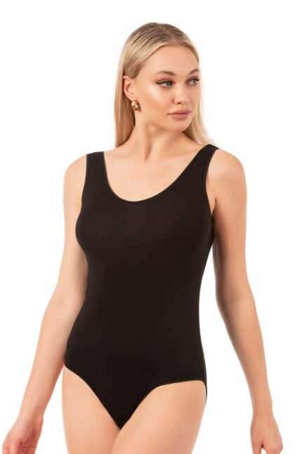 Lirona Modal Kumaş Ön Arka Havuz Yaka Çıtçıtlı Örme Body - Siyah