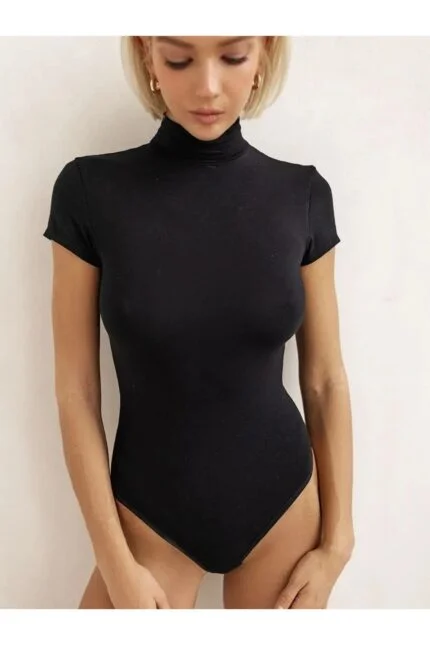 Lirona Dik Yaka Boğazlı Kısa Kol Çıtçıtlı Body Tesettür Body Pamuklu - Siyah