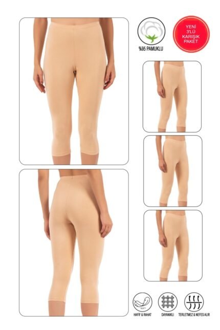 Lirona Pamuk Diz Altı Pantolon Ve Etek İçi Astar Şort Tayt - 3'lü paket TEN