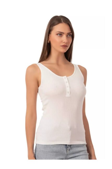 Lirona Kadın Pamuk Kaşkorse Fitilli Önü Patlı Kalın Askılı Örme Atlet Crop - Ekru - Kırık Beyaz