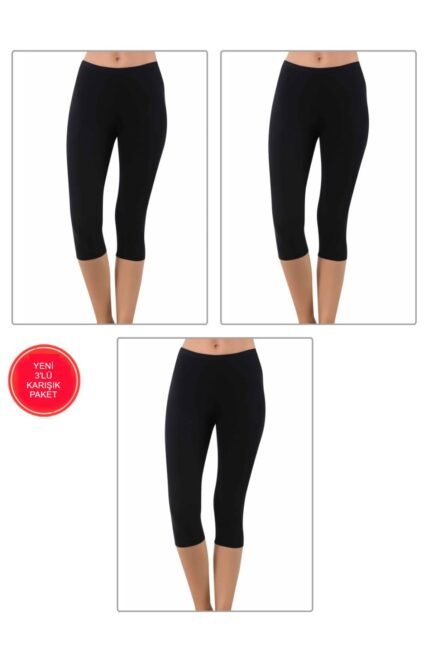Lirona Pamuk Diz Altı Pantolon Ve Etek İçi Astar Şort Tayt - 3'lü paket Siyah