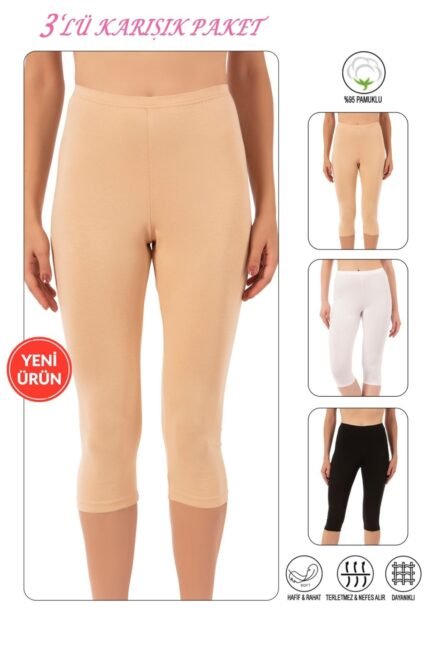 Lirona Pamuk Diz Altı Pantolon Ve Etek İçi Astar Şort Tayt - 3'lü paket Karışık