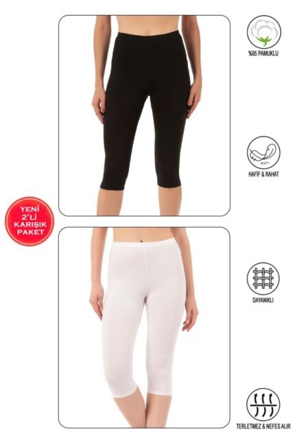 Lirona Pamuk Diz Altı Pantolon Ve Etek İçi Astar Şort Tayt - 2'li Paket Siyah Beyaz