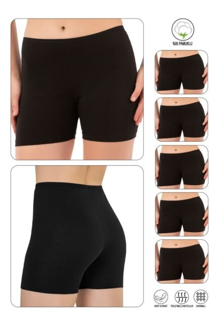 Lirona Pamuk Diz Üstü Mini Pantolon Etek İçi Astar Şort Tayt - 5'Lİ - Siyah
