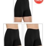 Lirona Pamuk Diz Üstü Mini Pantolon Etek İçi Astar Şort Tayt - 3'LÜ PAKET - Siyah