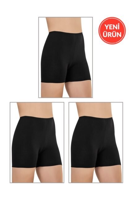 Lirona Pamuk Diz Üstü Mini Pantolon Etek İçi Astar Şort Tayt - 3'LÜ PAKET - Siyah