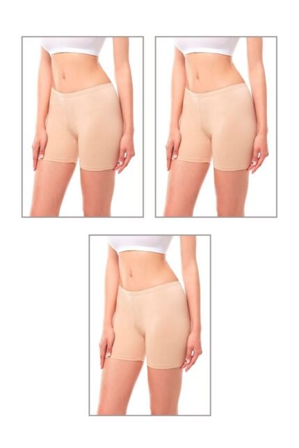 Lirona Pamuk Diz Üstü Mini Pantolon Etek İçi Astar Şort Tayt - 3'lü PAKET - TEN