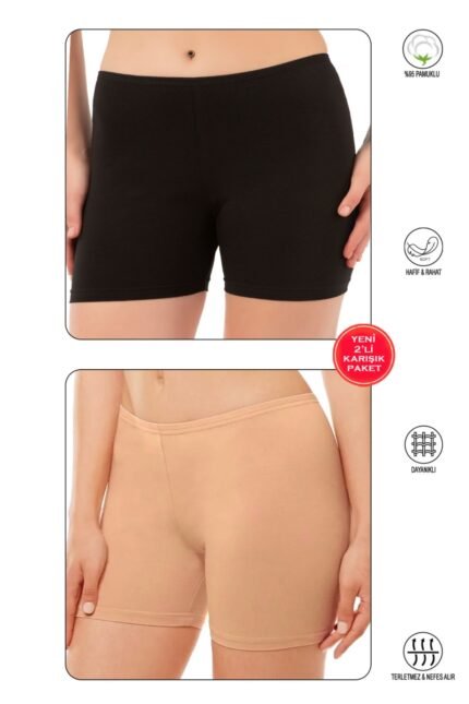 Lirona Pamuk Diz Üstü Mini Pantolon Etek İçi Astar Şort Tayt - Siyah-ten 2'li Paket