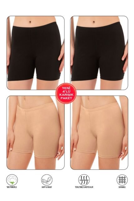 Lirona Pamuk Diz Üstü Mini Pantolon Etek İçi Astar Şort Tayt - 4'lü Karışık