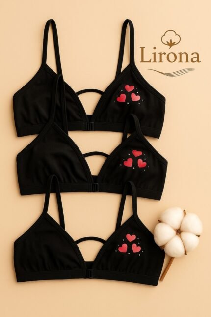 Lirona 3'Lü Paket Kız Çocuk Taşlı Pamuk Alıştırma Sütyen Büstiyer Taşlı - Siyah