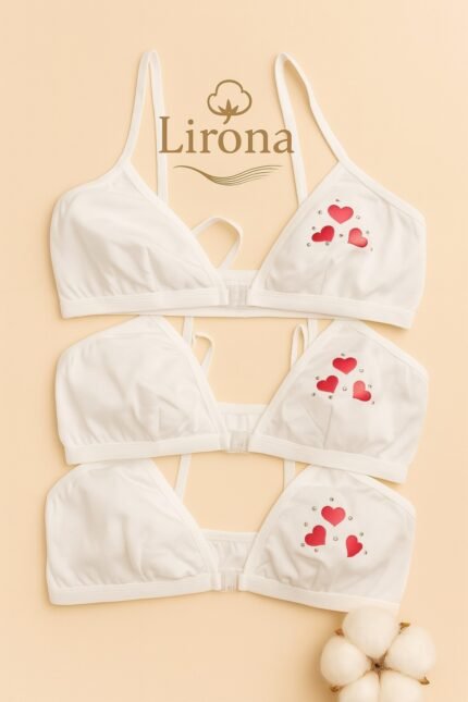 Lirona 3'Lü Paket Kız Çocuk Taşlı Pamuk Alıştırma Sütyen Büstiyer Taşlı - Beyaz