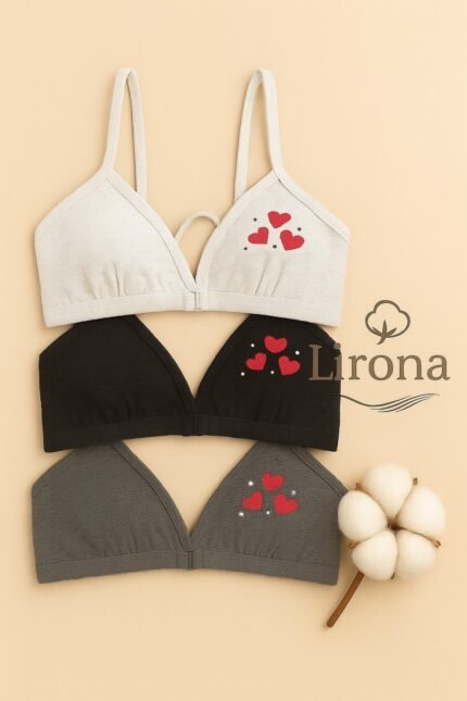 Lirona 3'Lü Paket Kız Çocuk Taşlı Pamuk Alıştırma Sütyen Taşlı - Siyah-Beyaz-Gri