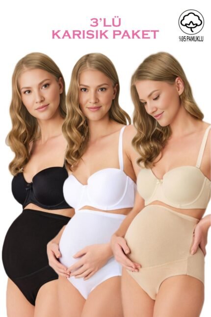 Lirona 3'Lü Paket Karışık Renk Pamuk Hamile Lohusa Yüksek Bel Bato Külot - Karışık Renkli