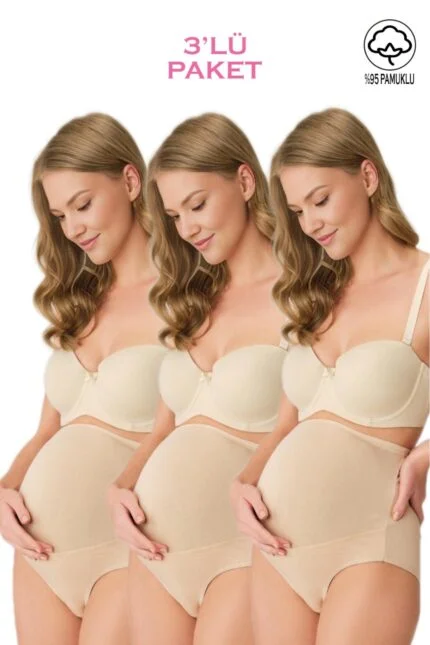 Lirona 3'Lü Paket Kadın Pamuk Likralı Hamile Lohusa Yüksek Bel Bato Külot - Ten