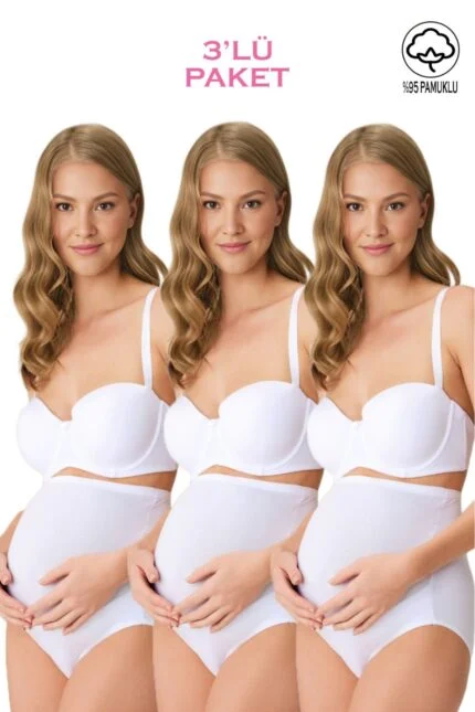 Lirona 3'Lü Paket Kadın Pamuk Likralı Hamile Lohusa Yüksek Bel Bato Külot - Beyaz