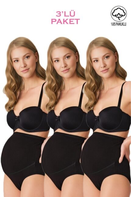 Lirona 3'Lü Paket Kadın Pamuk Likralı Hamile Lohusa Yüksek Bel Bato Külot - Siyah