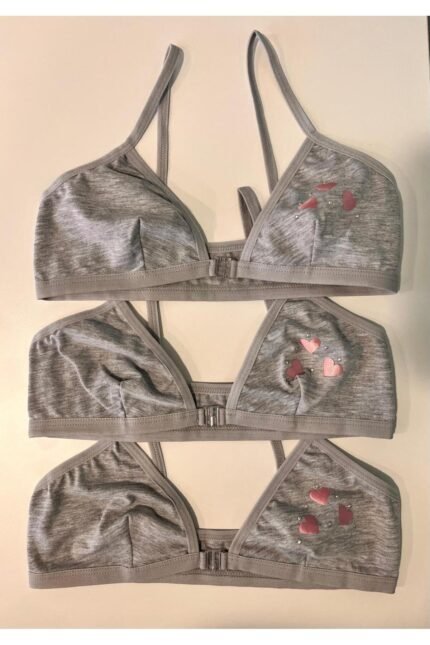 Lirona 3'Lü Paket Kız Çocuk Taşlı Pamuk Alıştırma Sütyeni Likralı Pedsiz Lastik Askılı - Gri