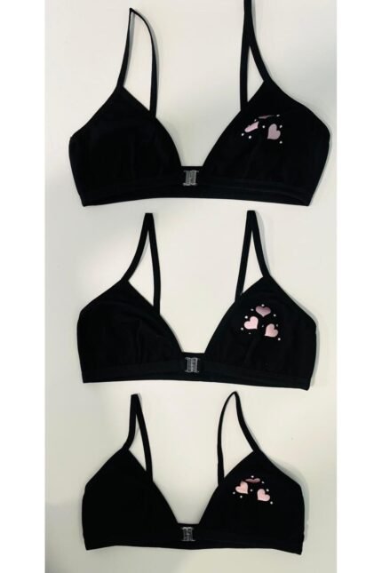 Lirona 3'Lü Paket Kız Çocuk Taşlı Pamuk Alıştırma Sütyeni Likralı Pedsiz Lastik Askılı - Siyah