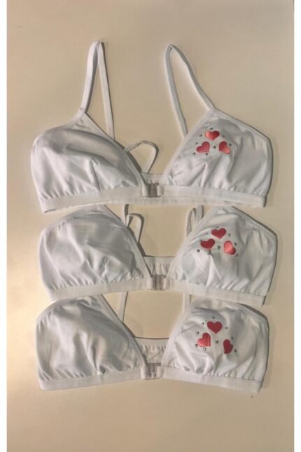 Lirona 3'Lü Paket Kız Çocuk Taşlı Pamuk Alıştırma Sütyeni Likralı Pedsiz Lastik Askılı - Beyaz