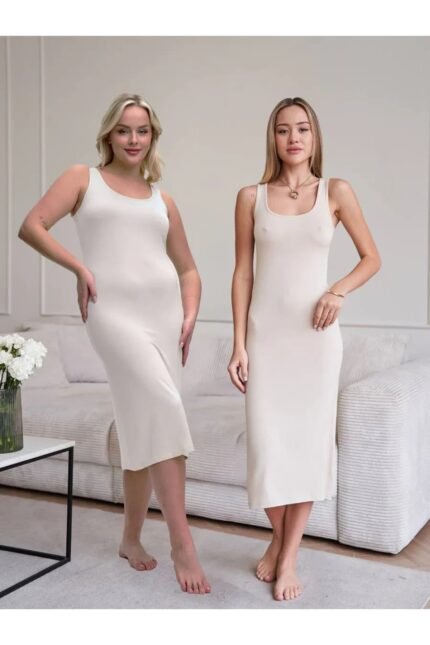 Lirona Viskon Diz Altı Uzun Kalın Askılı Kombinezon Elbise Jüpon - TEN