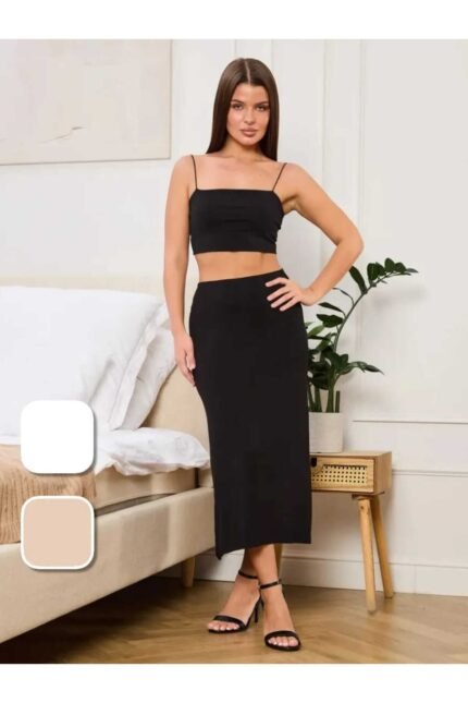 Lirona Kadın Viskon Diz Altı Uzun Etek Astar Jüpon Kombinezon - Siyah