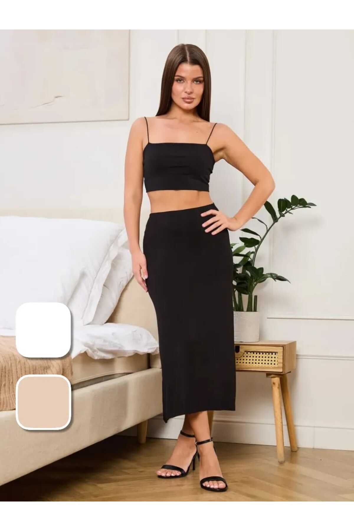 1_org_zoom-713.jpg Lirona Kadın Viskon Diz Altı Uzun Etek Astar Jüpon Kombinezon - Siyah - Görsel 1