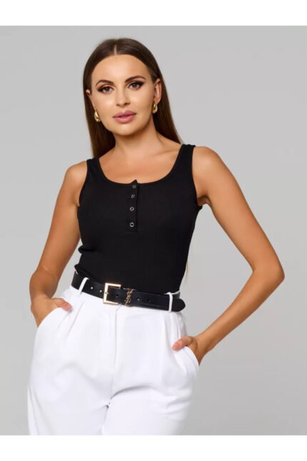 Lirona Kadın Pamuk Kaşkorse Fitilli Önü Patlı Kalın Askılı Örme Atlet Crop - Siyah