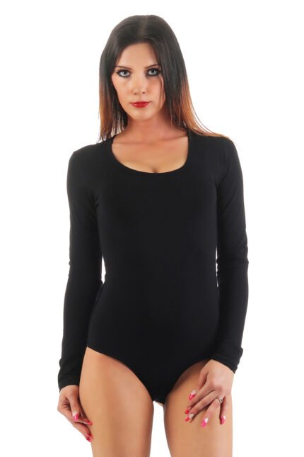 Lirona Likralı Pamuklu Uzun Kol Bisiklet Yaka Çıtçıtlı Kadın Body - Siyah