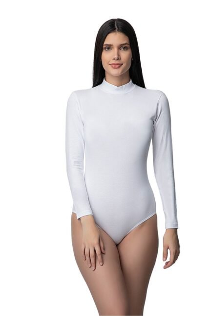 Lirona Pamuklu Dik Yaka Uzun Kollu Çıtçıtlı Body - Beyaz