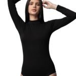 Lirona Likralı Pamuklu Dik Yaka Uzun Kollu Çıtçıtlı Body - Siyah